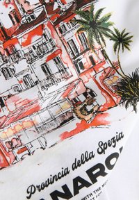 Εικονογράφηση ενός παραθαλάσσιου χωριού με κτίρια κόκκινα και λευκά, φοίνικες και εξωτερικά καθίσματα, με την ένδειξη "Provincia della Spezia - Manarola".