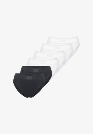 Lot de six culottes pour femmes en noir et blanc. Fabriquées en tissu doux, elles disposent d'une large ceinture élastique et ne présentent pas de coutures visibles.