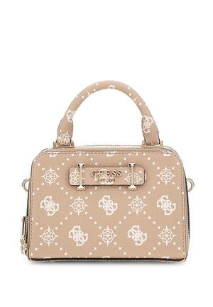 Sac à main synthétique beige avec motif logo blanc, anses rondes, matériel doré et fermeture éclair. Forme rectangulaire compacte.