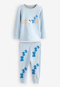 Himmelblauer Schlafanzug bestehend aus einem langärmeligen Oberteil mit "SNOOZE"-Grafik und passenden Hosen, die mit blauen "z"-Formen verziert sind. Aus weichster Baumwolle.