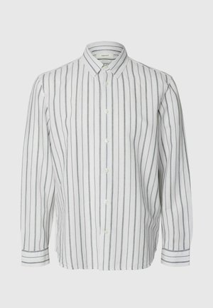 Camicia bianca a maniche lunghe con bottoni, strisce verticali sottili grigie, colletto appuntito e polsini abbottonati.