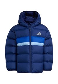 Polstret marineblå jakke med hette, med en lyseblå horisontal stripe og en logoaccent. Glidelås og quiltet tekstur.