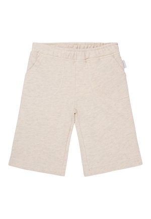 Shorts beige clair en tissu doux, avec une taille élastique, deux poches avant et une coupe droite. Design simple et dépouillé.