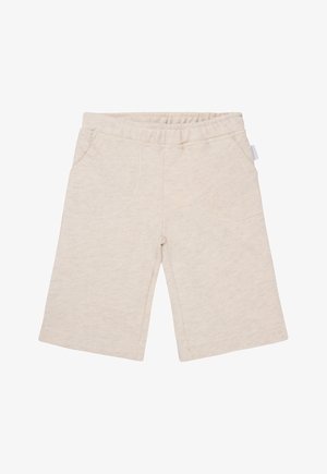 Shorts beige clair en tissu doux, avec une taille élastique, deux poches avant et une coupe droite. Design simple et dépouillé.