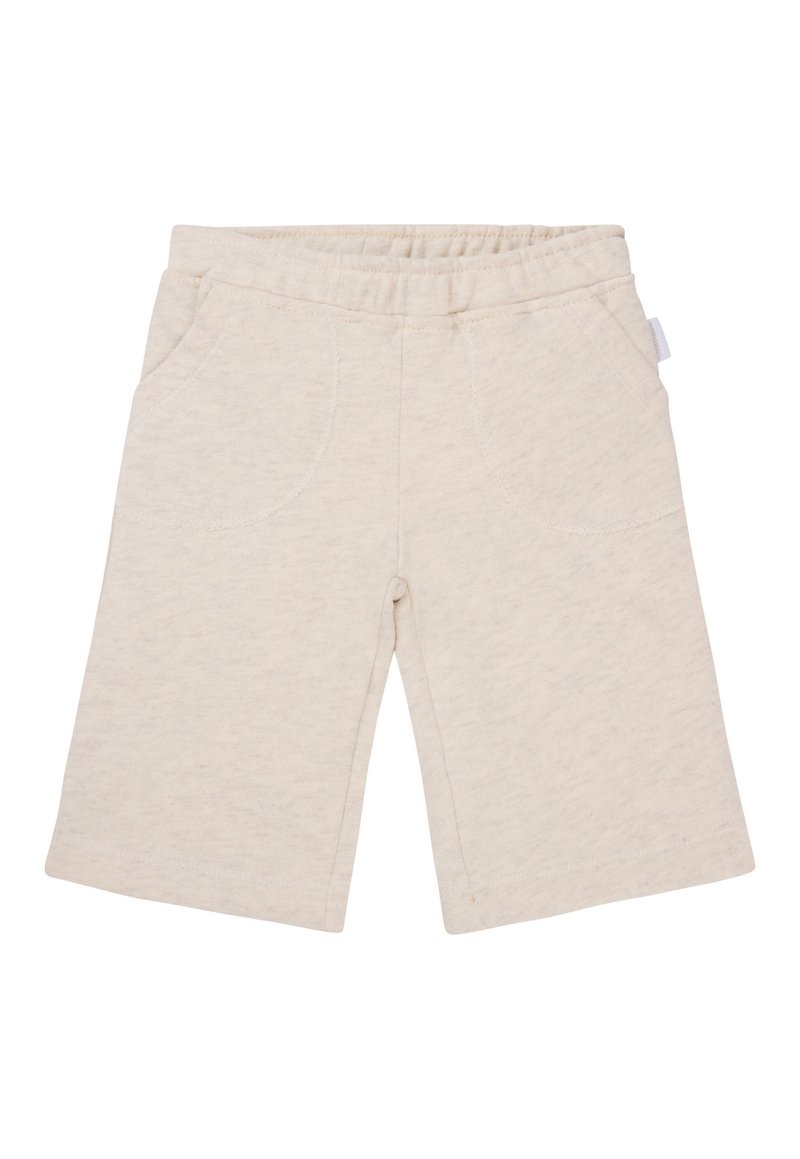 Lichtbeige shorts van zacht materiaal, met een elastische tailleband, twee voorzakken en een rechte snit. Eenvoudig, ongecompliceerd ontwerp.