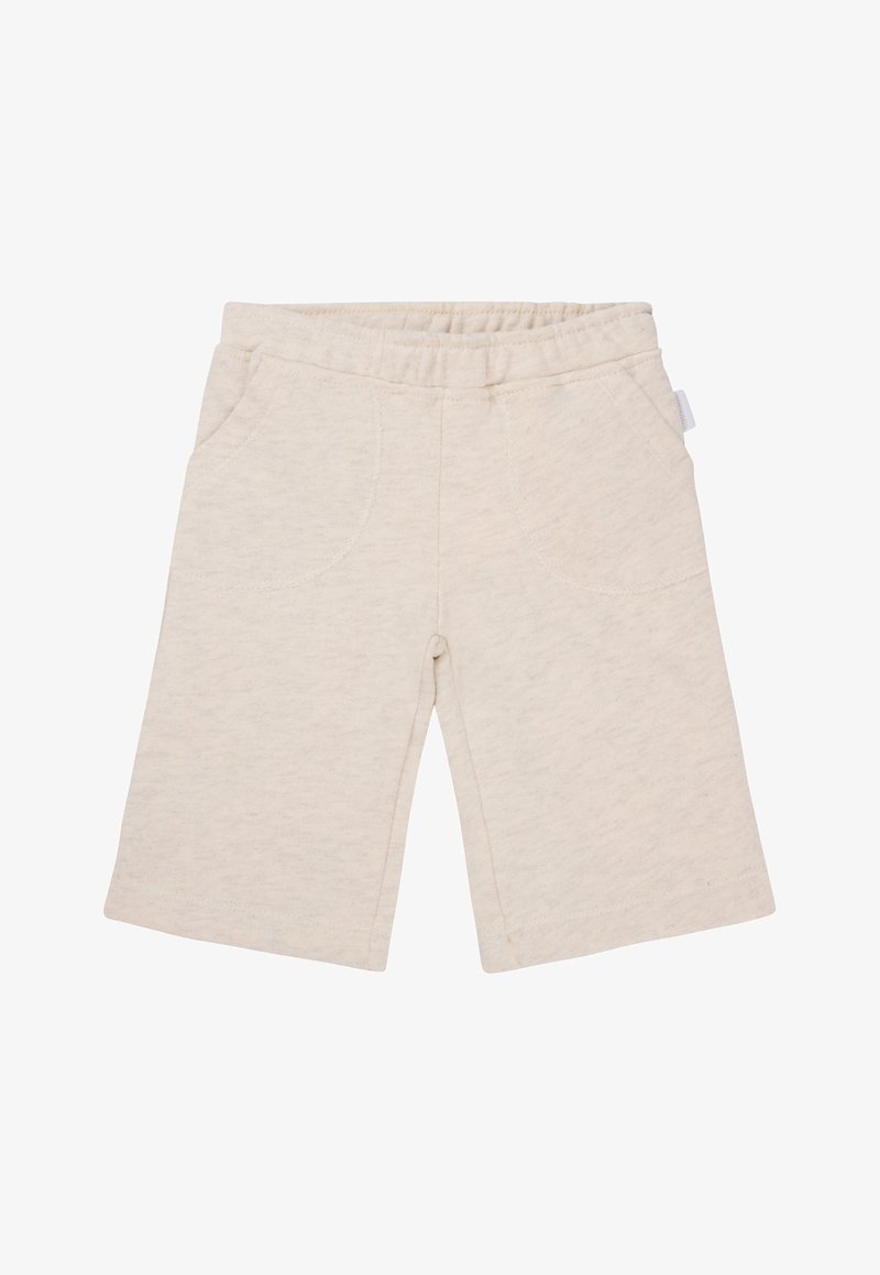 Jasnobeżowe szorty z miękkiego materiału, z elastycznym paskiem, dwiema przednimi kieszeniami i prostym krojem. Prosty, nieskrępowany design.