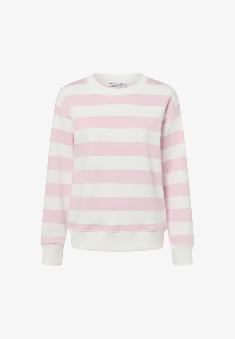 Light pink and white striped sweatshirt, made of soft fabric with a round neckline and ribbed cuffs, featuring a relaxed fit design.