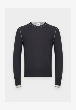 Must pikkade varrukatega kampsun, mille õlgade ja mansettide ääres on valged õmblused, ümar kaelus ning soonikkoes ääris ja mansetid.