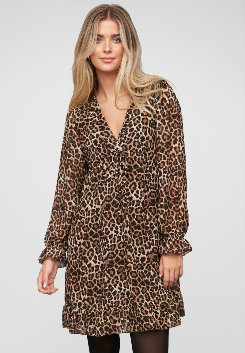 Leopardenmuster-Kleid aus leichtem Stoff, mit V-Ausschnitt, gerafftem Bindeband am Bust, langen Puffärmeln und einem rüschengesäumten Saum.