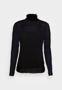 Svart långärmad topp med hög krage. Har genomskinlig, strukturerad tyg, lagerdesign och synliga horisontella ränder. Lätt material.