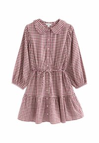 Geruit jurk met een kraag, lange pofmouwen, een getailleerde taille en een gelaagde rok in tinten van roze en crème. Katoenen stof.