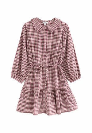 Geruit jurk met een kraag, lange pofmouwen, een getailleerde taille en een gelaagde rok in tinten van roze en crème. Katoenen stof.