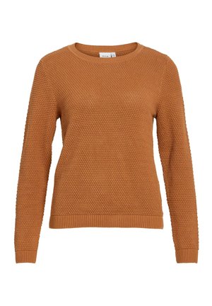 Pull en maille brune texturée à manches longues, col rond et poignets et ourlet côtelés.