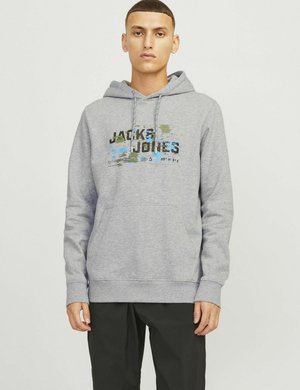 Hoodie gris en mélange de coton, avec une poche kangourou sur le devant, un capuche réglable avec cordon et un imprimé graphique avec texte.