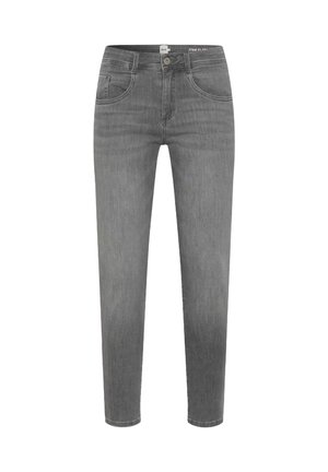 Graue Jeans aus Denim mit geradem Schnitt, fünf Taschen und Knopfverschluss. Der Stoff hat eine glatte Textur und einen subtilen Verblassungeffekt.