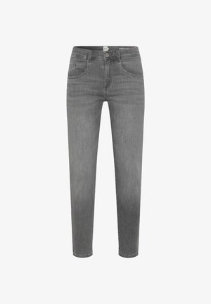 Graue Jeans aus Denim mit geradem Schnitt, fünf Taschen und Knopfverschluss. Der Stoff hat eine glatte Textur und einen subtilen Verblassungeffekt.