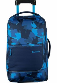 Blue camo-patterned wheeled backpack with a navy front panel. Features a retractable handle and an exterior zippered pocket. Durable fabric texture.