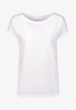 Bílý krátký rukáv tričko vyrobené z měkké bavlny, s kulatým výstřihem a ohrnutými manžetami pro uvolněný střih. Jednoduchý a univerzální design.