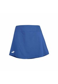 Falda deportiva azul con una textura suave, cinturilla ancha, diseño acampanado y un pequeño logo blanco en la parte inferior izquierda.
