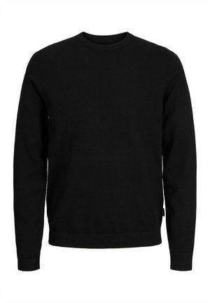 Pull noir à manches longues avec col rond, poignets et ourlet côtelés, présenté sur un fond blanc.