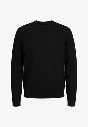 Zwarte longsleeve trui met ronde hals en geribbelde manchetten en zoom, getoond op een witte achtergrond.