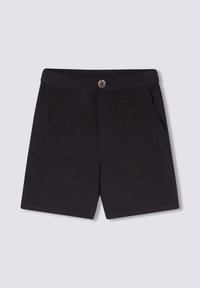 Pantaloni corti neri realizzati in tessuto liscio, dotati di una cintura con bottone, due tasche laterali e un design a taglio dritto.