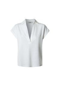 Vit kortärmad blus med krage och v-ringning, med en avslappnad passform och mjukt, texturerat tyg. Enkel design, inga mönster eller detaljer.