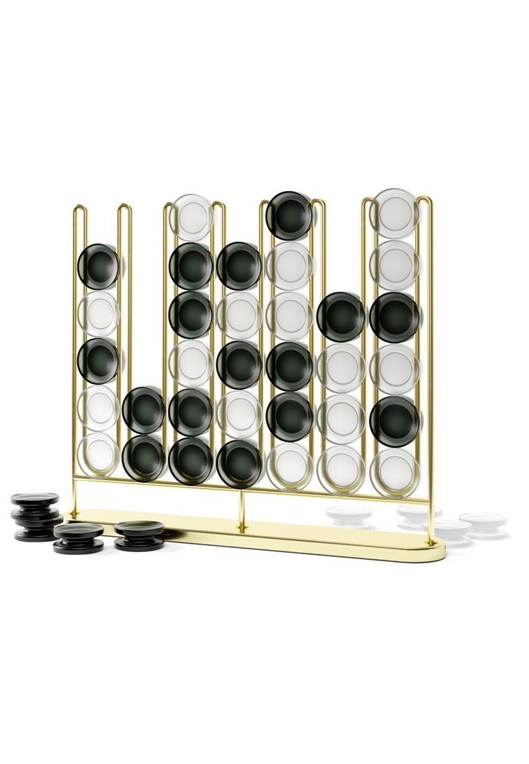 Gioco del Four in a Row con una cornice in metallo dorato. Presenta dischi circolari alternativamente neri e bianchi. I dischi sono impilati verticalmente in colonne.