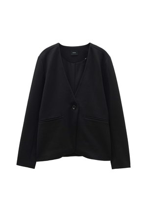Blazer noir avec un design en V, fabriqué en tissu texturé. Doté d'une fermeture à un bouton et de deux poches devant. Doublure intérieure lisse.