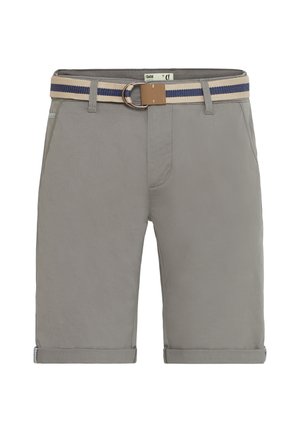 Grijze shorts van gladde stof, met een opgerolde zoom, zijzakken en een multicolore geweven riem met een metalen gesp.