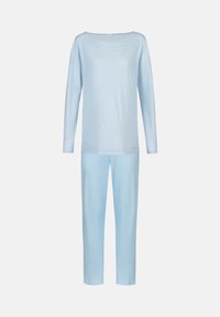 Vaaleansininen rento asu, joka on valmistettu pehmeästä kankaasta. Siihen kuuluu pitkähihainen yläosa, jossa on leveä pääntie, sekä siihen sopivat rennot housut.