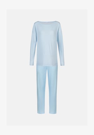 Lys blåt afslapningssæt i blødt stof. Indeholder en langærmet top med bred halsudskæring og matchende bukser med løs pasform.