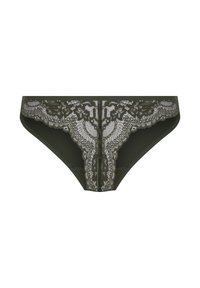Culotte en dentelle vert foncé présentant des motifs floraux complexes et une taille élastique lisse. Doublée pour un confort optimal avec une coupe classique.