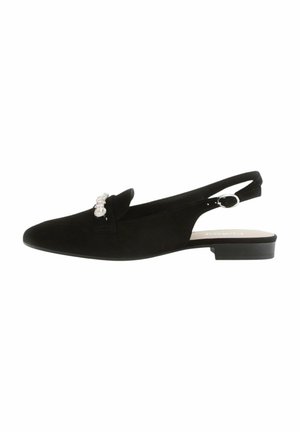 Zwarte slingback schoen van zacht suède, met een decoratieve accent van nepparels, vlakke hak en een open achterkant.