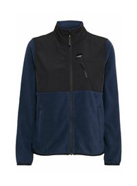Gilet en color-block : section supérieure noire avec une poche zippée, section inférieure en polaire bleu foncé, col haut et fermeture éclair sur le devant.