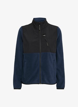 Color-blocked vest: black upper section with a zippered pocket, dark blue fleece lower section, high collar, and front zip closure.