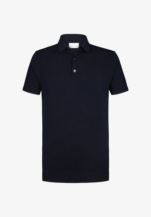 Navyblauwe poloshirt van gladde stof, met een kraag, een drie knopen sluiting en korte mouwen met geribbelde manchetten.