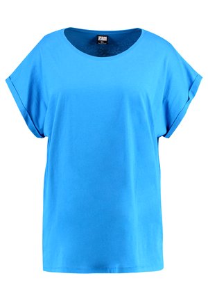 Camiseta azul de manga corta hecha de algodón con un escote redondo. Presenta un corte relajado y una textura suave; lisa, sin patrones.