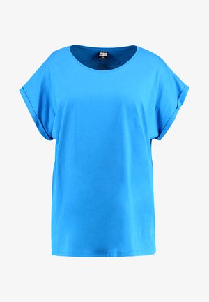 Blå kortærmet T-shirt lavet af bomuld med rund halsudskæring. Har en afslappet pasform og glat tekstur; ensfarvet uden mønstre.