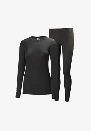 Camiseta térmica negra de manga larga y leggings a juego en una tela texturizada, con un escote redondeado y un diseño ajustado.