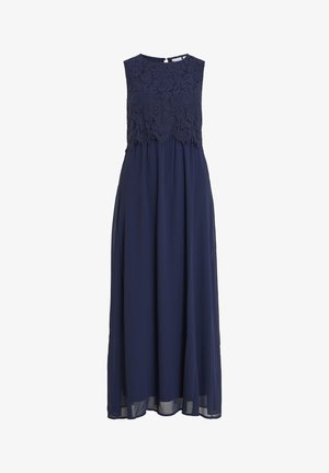 Granatowa maksik z koronkowym gorsetem i długą, zwiewną spódnicą. Bezrękawowy krój oraz zapięcie w formie łezki z tyłu. Gładka tekstura.