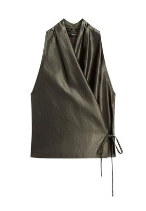 Olivgrünes ärmelloses Oberteil mit Wickeldesign, hergestellt aus einem glatten, glänzenden Stoff. Verfügt über eine gebundene Akzent an der Seite für eine verstellbare Passform.