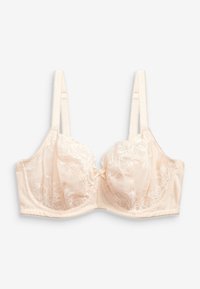Bügel-BH in hellem Beige, mit Spitzen-Cups und floralen Mustern, Satin-Trägern und einem kleinen Schleifchen in der Mitte.