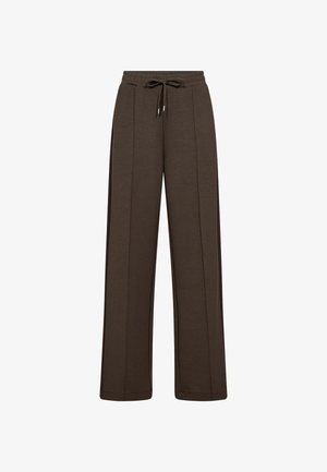 Pantalones de pierna ancha marrones, fabricados en un tejido suave, que cuentan con una cinturilla elástica con cordón y dos acentos de costura vertical en la parte delantera.