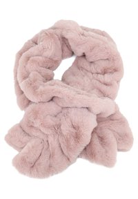 Sciarpa in finta pelliccia rosa chiaro con design a cerchio. Texture morbida e forma voluminosa, caratterizzata da pieghe gentle e una finitura liscia.