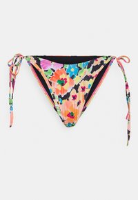 Parte inferior de biquíni floral com um padrão multicolorido sobre um fundo preto. Apresenta laços ajustáveis nas laterais para um ajuste personalizável.