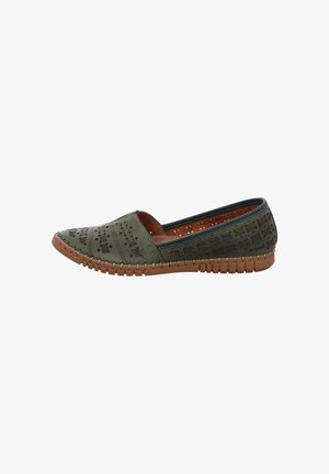 Olive green slip-on shoe with brown perforated leather upper and flexible brown rubber sole, side profile on white background.