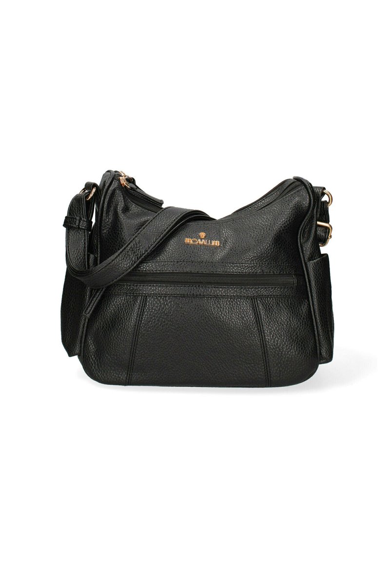Borsa a tracolla in pelle nera con texture a granello, logo dorato, chiusura superiore con zip e tracolla regolabile. Dotata di una tasca frontale per maggiore comodità.
