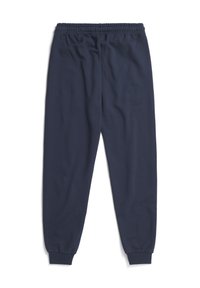 Marineblaue Jogginghose mit elastischem Taillenbund, schmal zulaufenden Fußbündchen und einem glatten, leicht strukturierten Stoff. Keine sichtbaren Logos oder Muster.