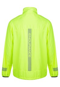 Veste coupe-vent fluorescente jaune, avec des accents réfléchissants, un col zippé et un design droit avec le logo de la marque visible au dos.